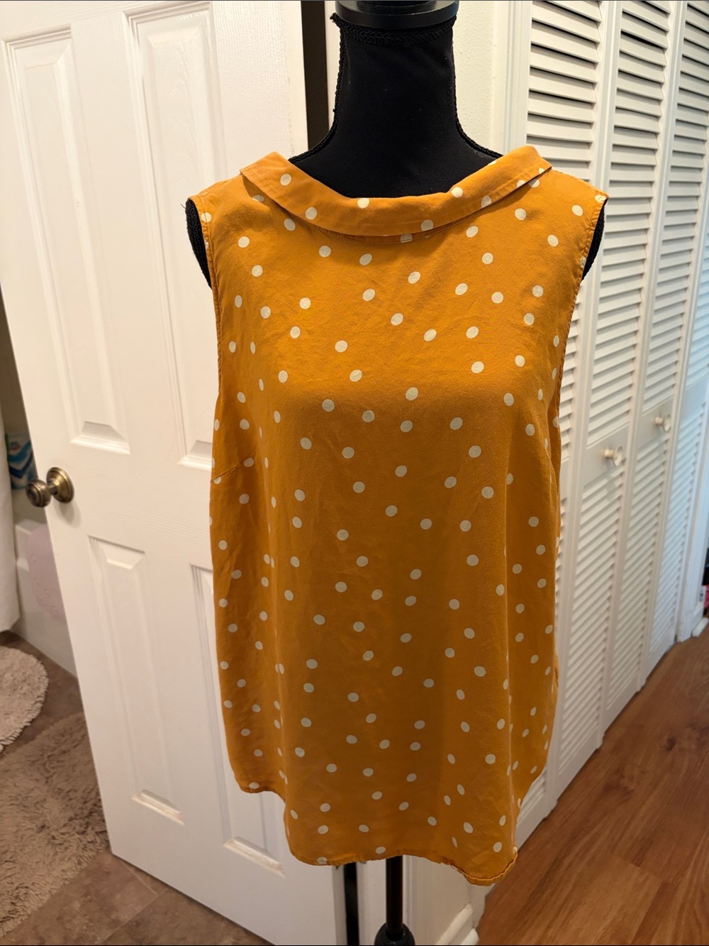 Boden Sleeveless Mustard Polka Dot Top with Tie Neck